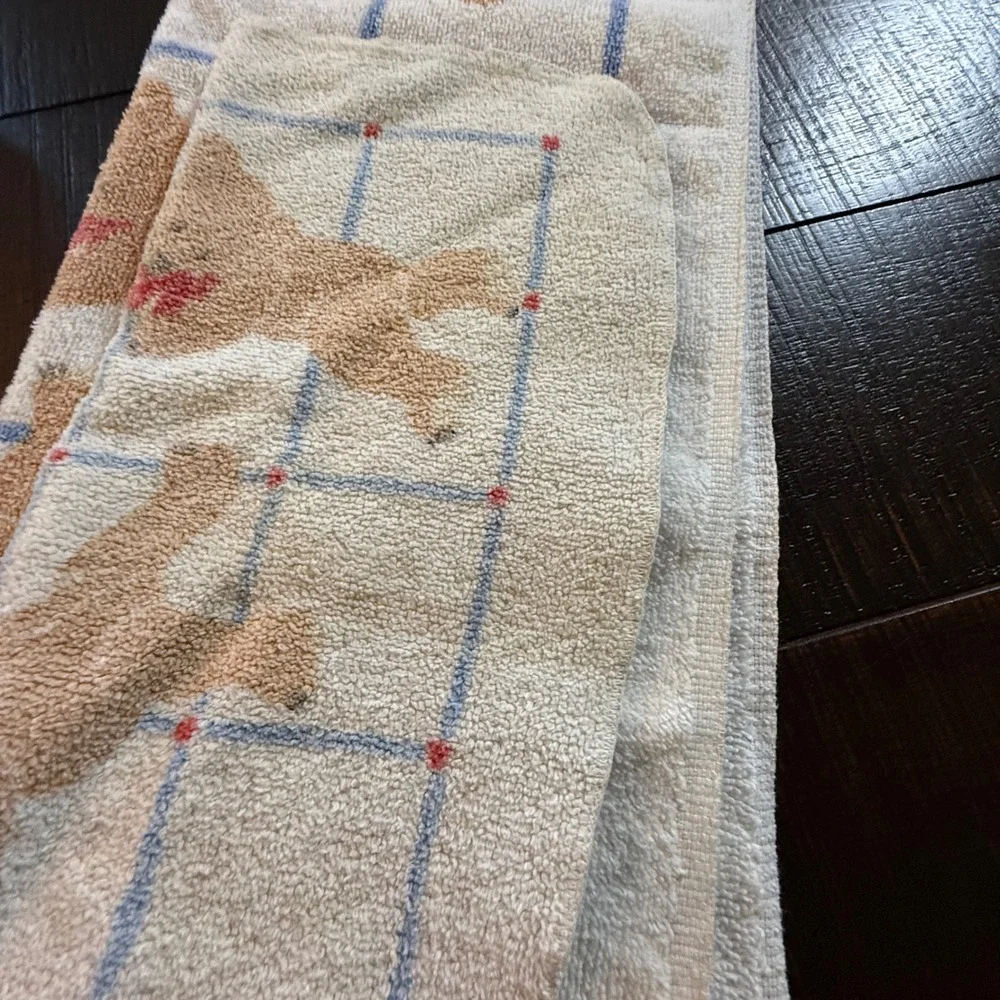 Vtg Teddy Bear Bath Towel Set 3 Pc Windowpane Grid Red Bows Cottagecore Retro